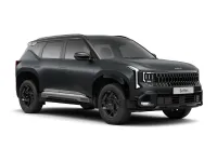 Front three-quarter view of black Kia Seltos X-Line SUV with sporty stance and LED headlights